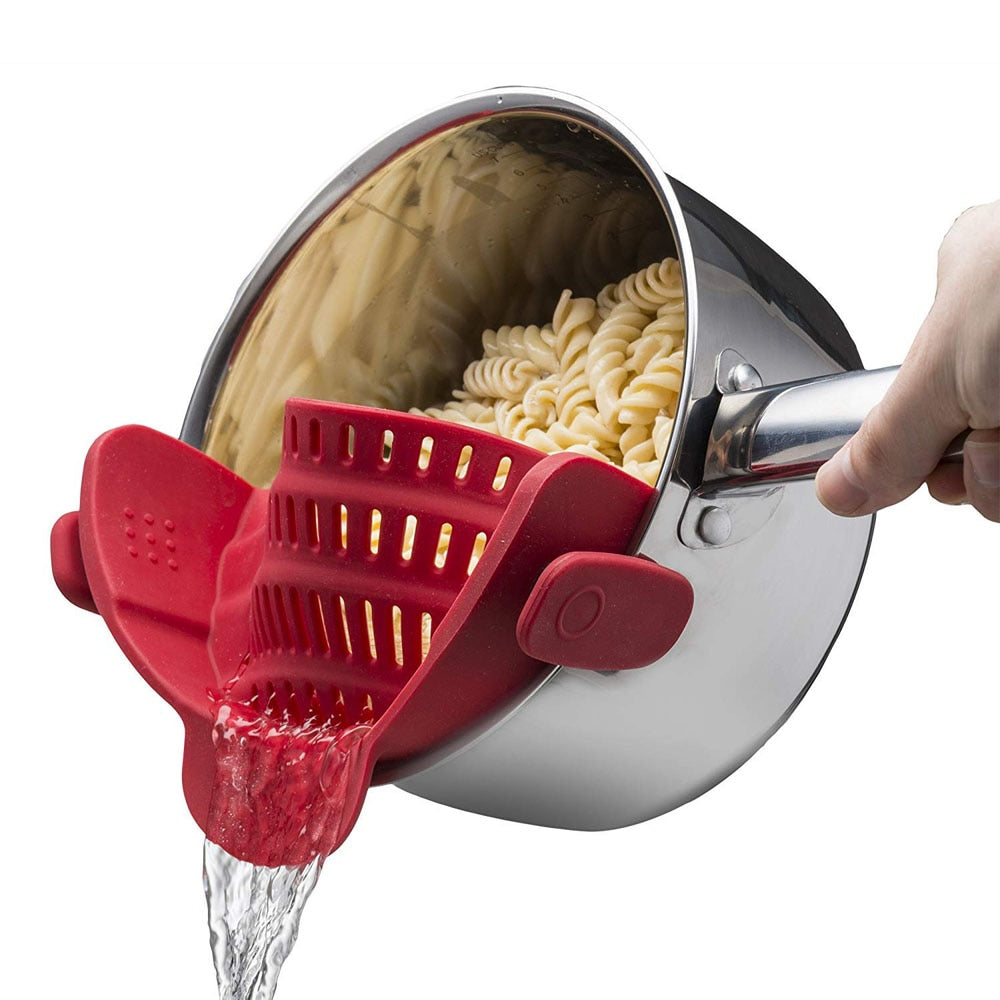 N Strain Pot Strainer and Pasta Strainer - Adjustable Silicone Clip On Strainer for Pots, Pans, and Bowls - Kitchen Colander - Red