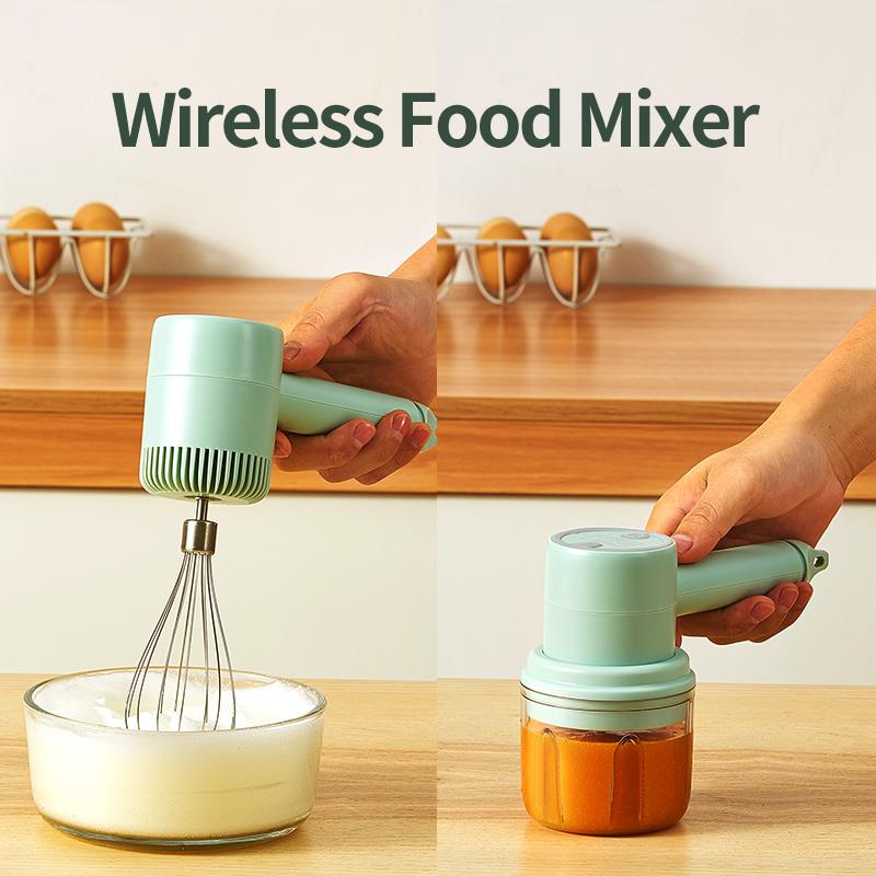 Hand Mixer Electric Garlic Chopper Egg Beater, Cordless Handheld Food Processor with 300ML Glass Container, 3 Speed Adjustable, USB Rechargeable Electric Whisk for Cooking Baking