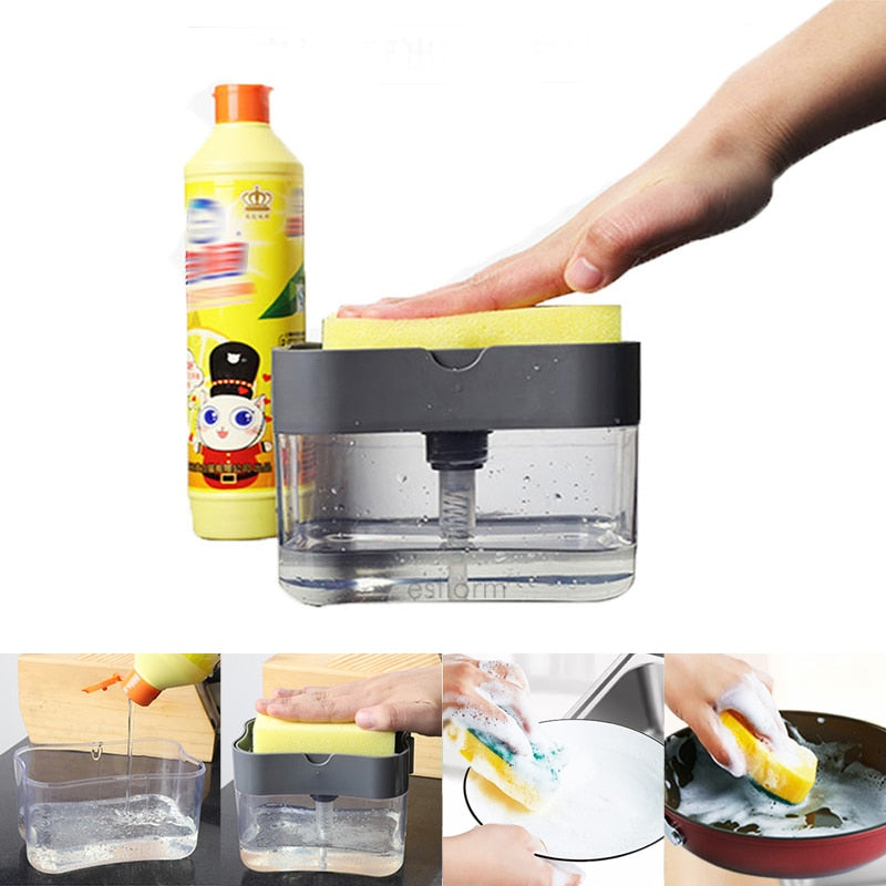 Kitchen Tools Portable Detergent Dispenser Set for Kitchen Dish Soap Box with Sponge Holder Hand Press Foam Soap Dispenser Pump